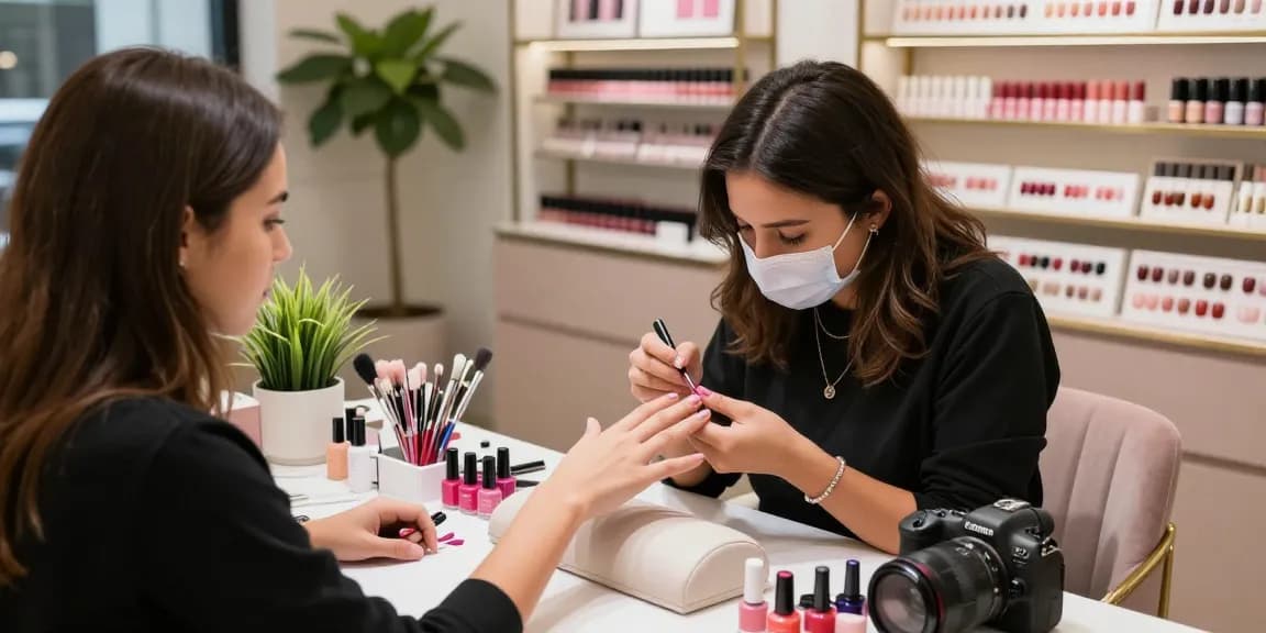 Demonstrasi penggunaan produk LUXURY 12 di salon kuku modern dengan nail art yang memukau.