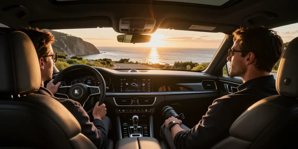 Perjalanan mewah dengan LUXURY 777, mobil premium di jalan pesisir yang indah.