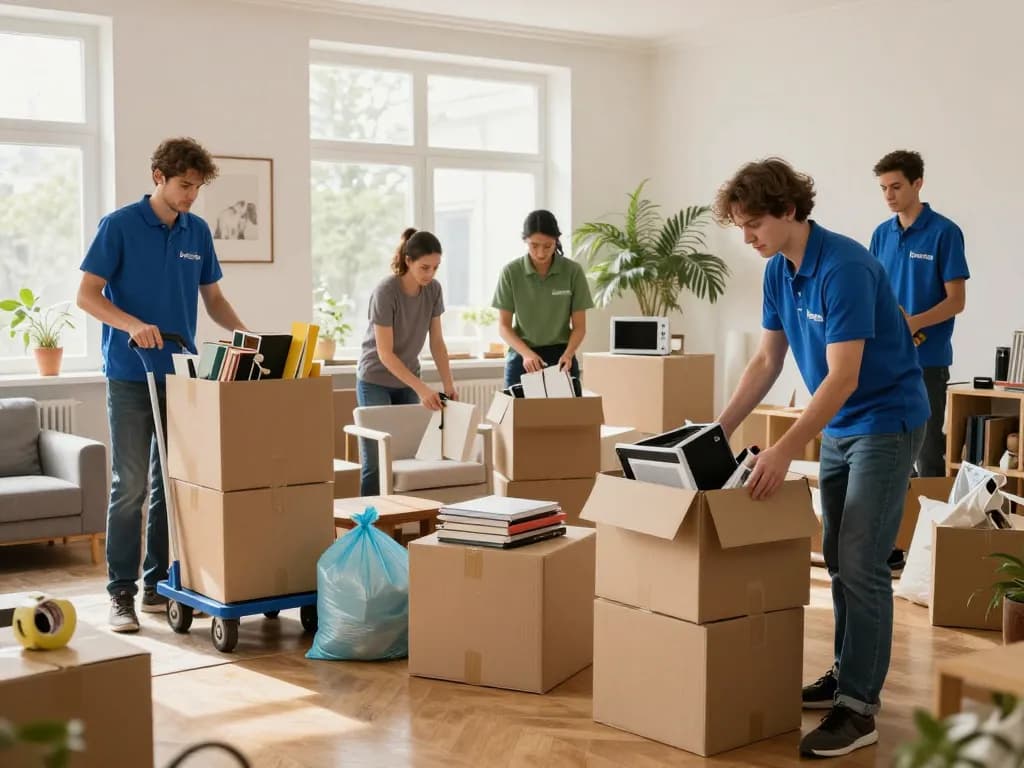 Professionelles Entrümpelungsteam organisiert ein Zuhause während eines Räumung Wien Services, umgeben von Möbeln und Kisten.
