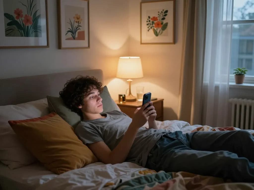 Engaging in ai sexting on a smartphone in a cozy bedroom setting.