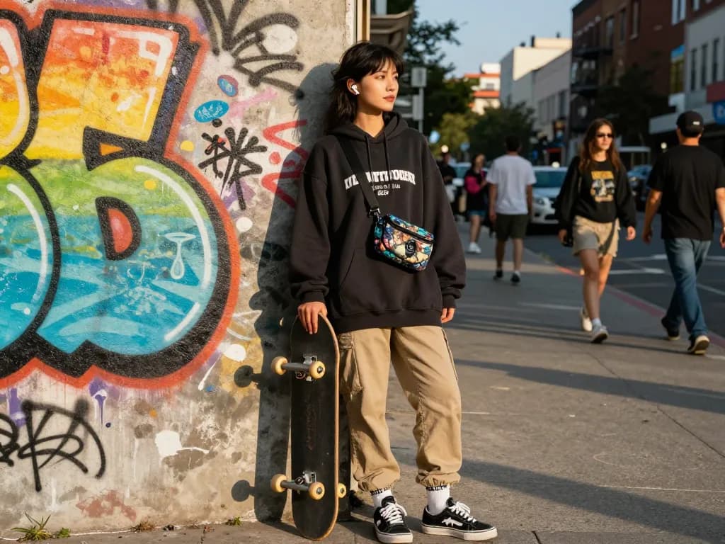 RAKUN77 stylish streetwear lifestyle scene with young woman and skateboard in urban setting.