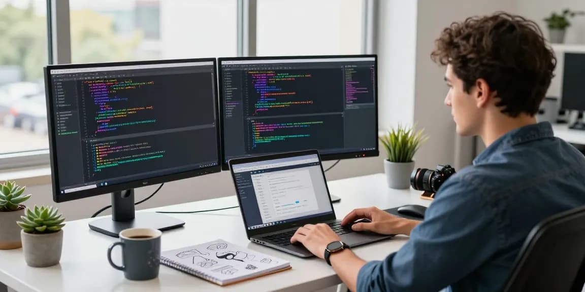 Pengembang bekerja dengan SGA33 di ruang kerja modern, dikelilingi monitor dan alat desain.