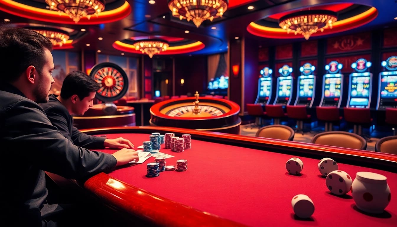 Experience the excitement of gambling at https://mm88.press/ with a luxurious casino scene showcasing poker and roulette action.
