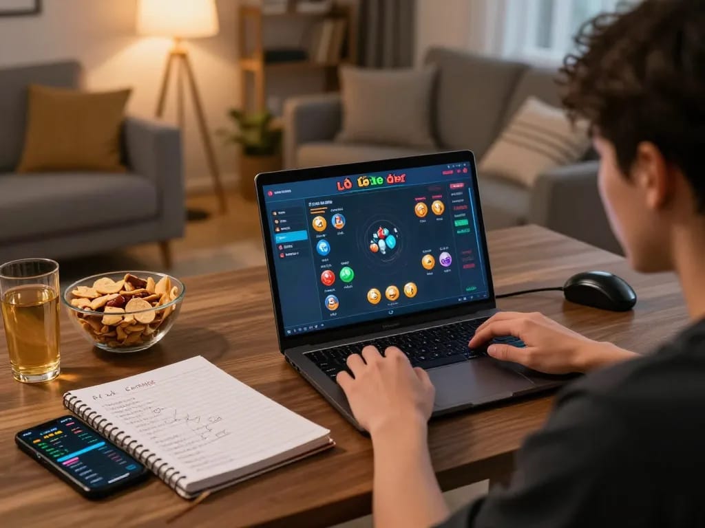Engaging in lô đề online betting at home with a laptop and strategic notes