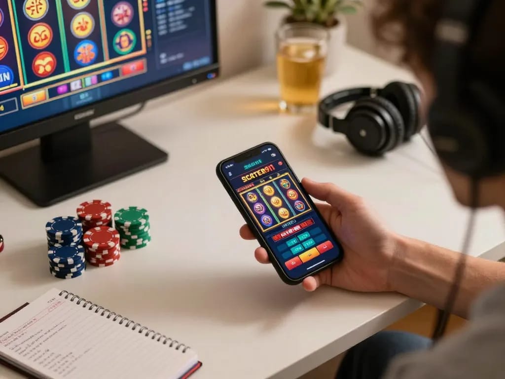 SCATTER911 player enjoying online slots with chips and strategy notes in a cozy setting