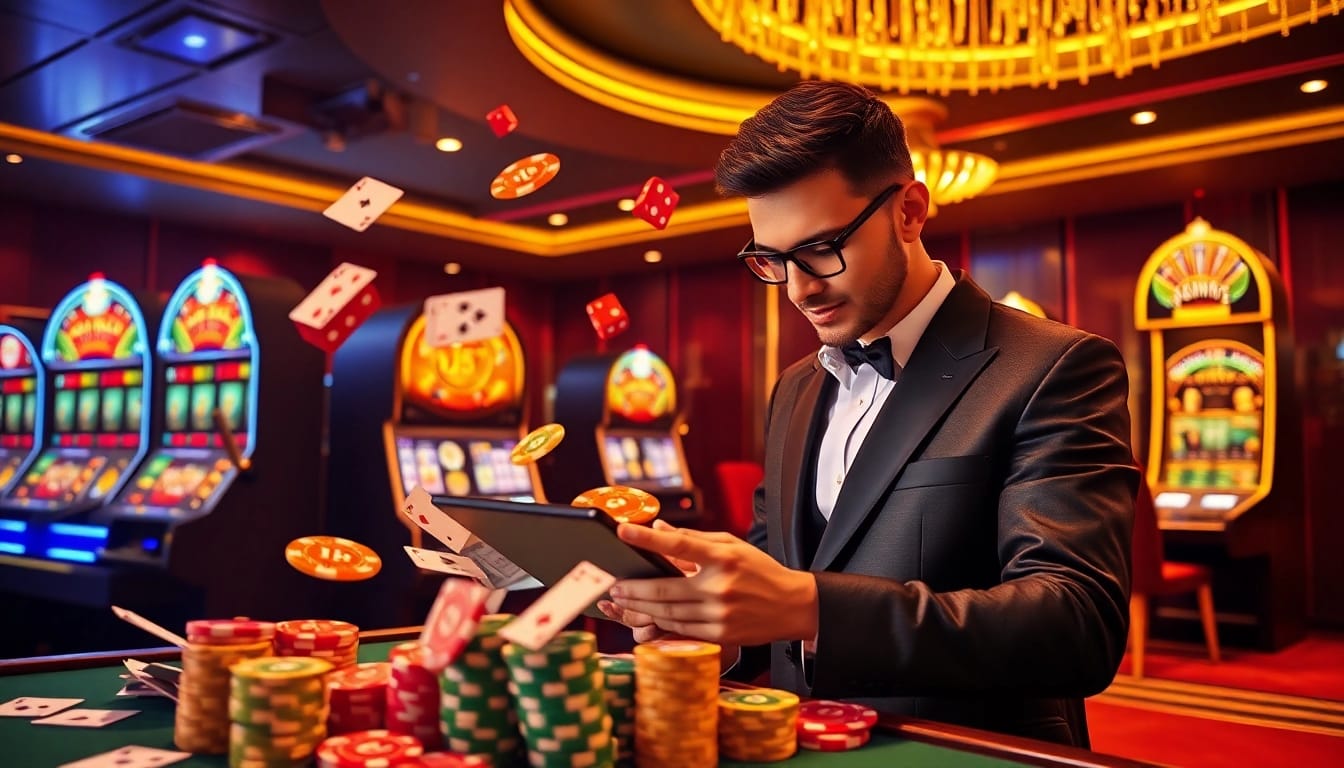 Experience the excitement of gambling with trang chủ tt88, featuring slot machines and poker chips in a luxurious casino setting.