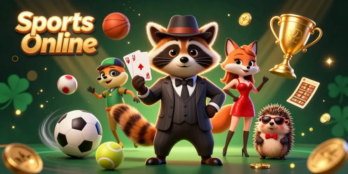Bet on Sports Online with a suave raccoon and glamorous fox in a dynamic betting scene.