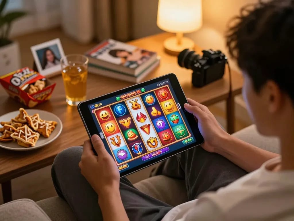 Player engaging with UG DEWA slot games on a tablet, surrounded by a cozy atmosphere with snacks.