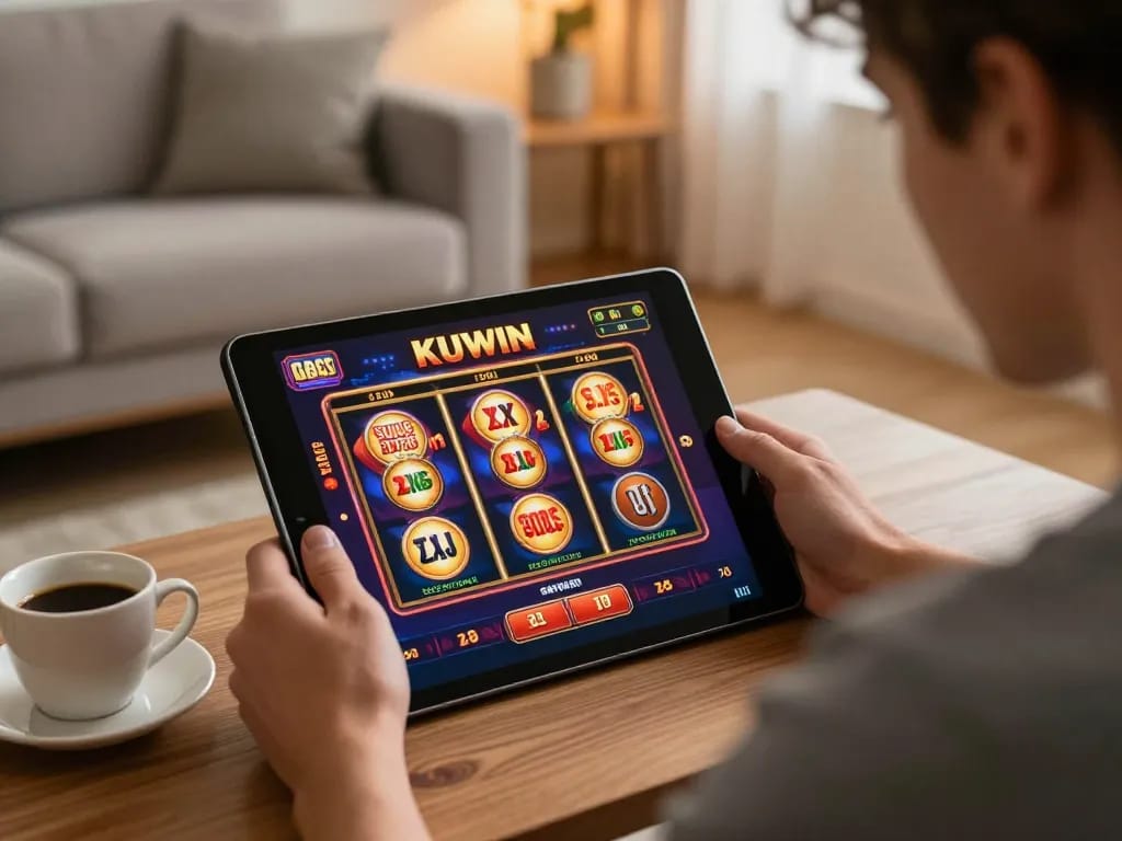 Kuwin player engaging with online casino action on a tablet in a cozy living room setting.