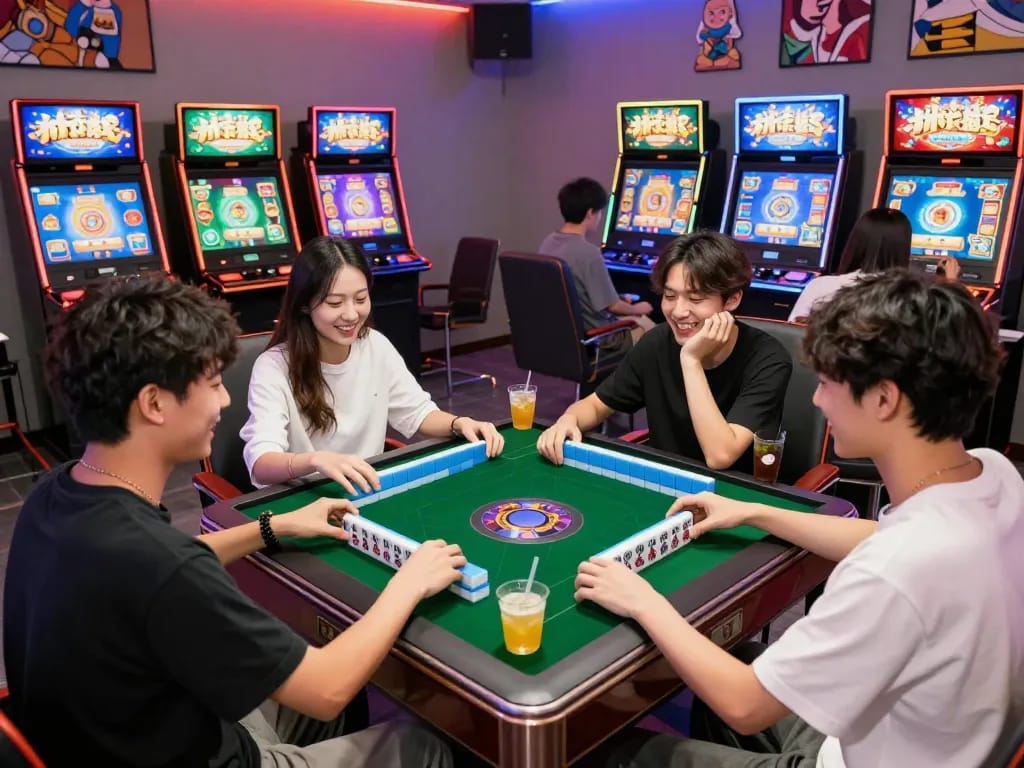 Sesi aman mahjong ways 2 malam permainan dengan teman-teman di lounge permainan yang hidup.