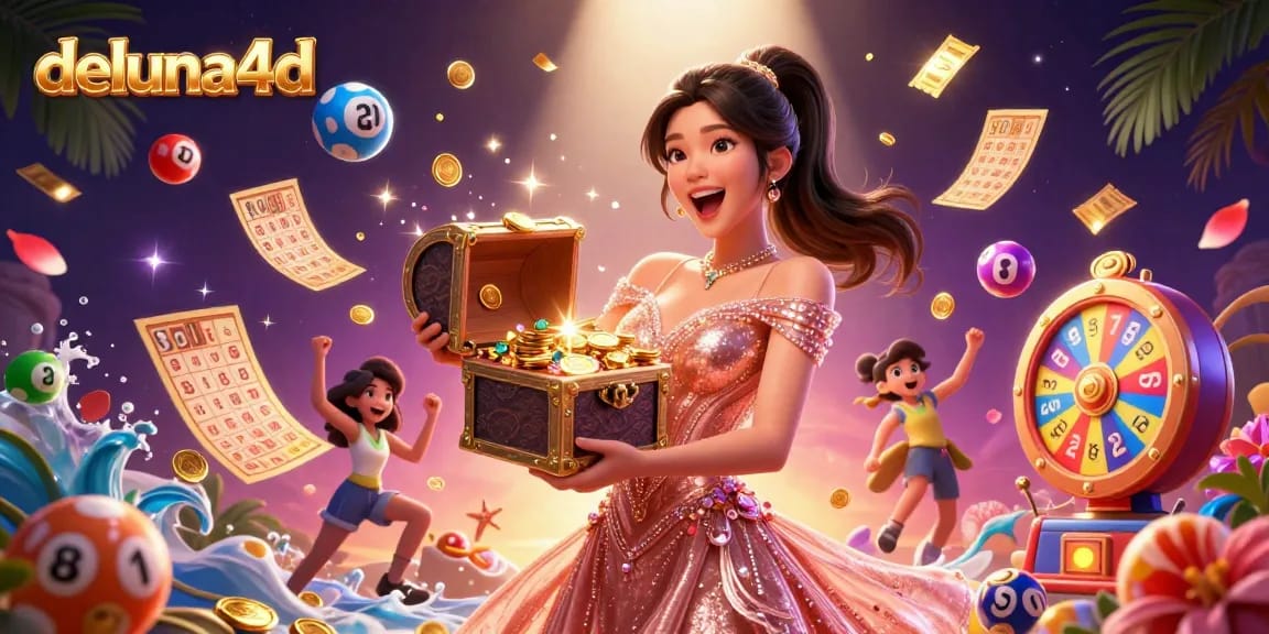 Experience the thrill of winning at deluna4d, showcasing a joyful woman revealing treasures of gold and gems amidst lively lottery elements.