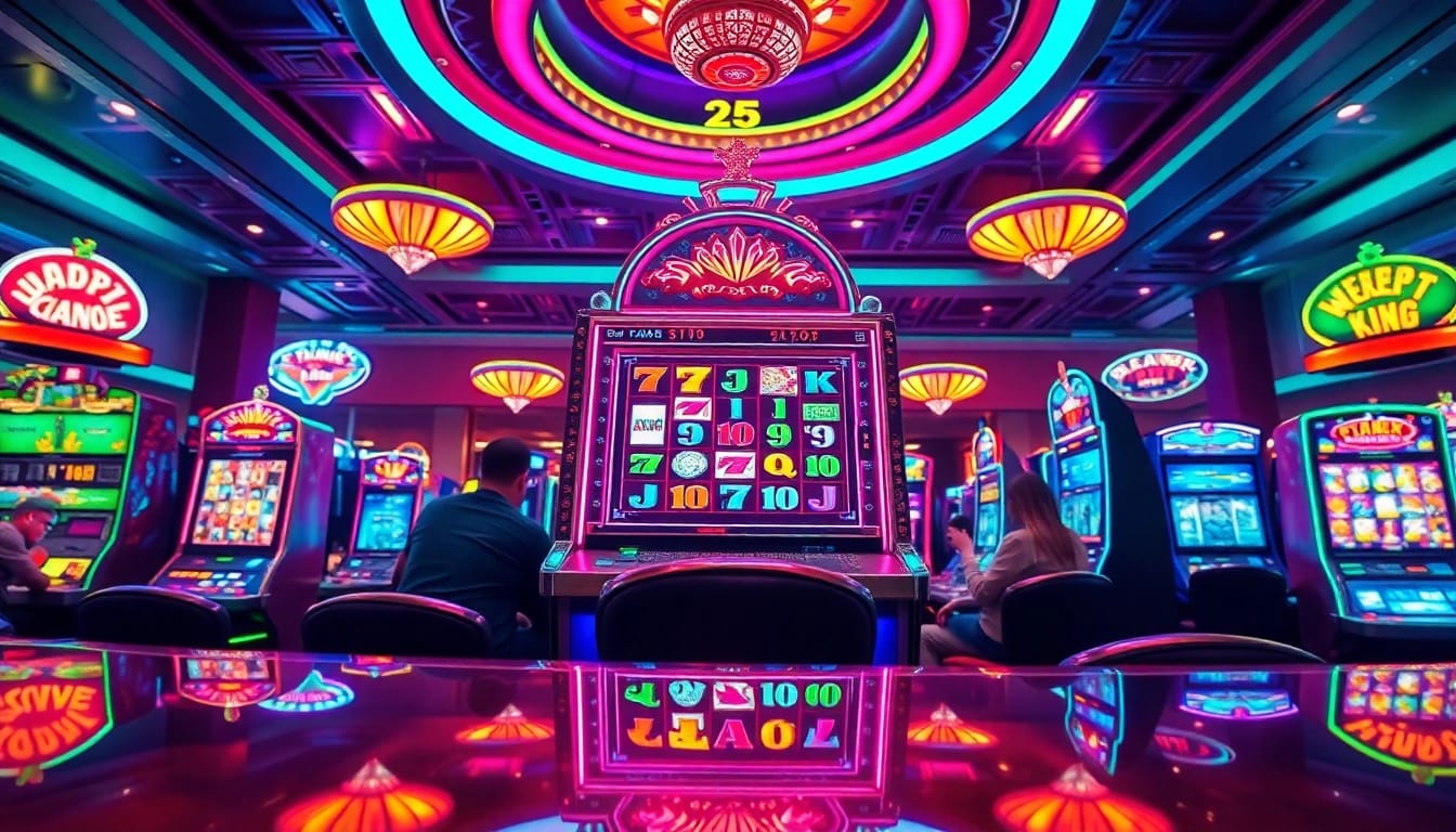 Mainkan slot yang menarik di kasino dengan warna-warna cerah dan suasana energik.