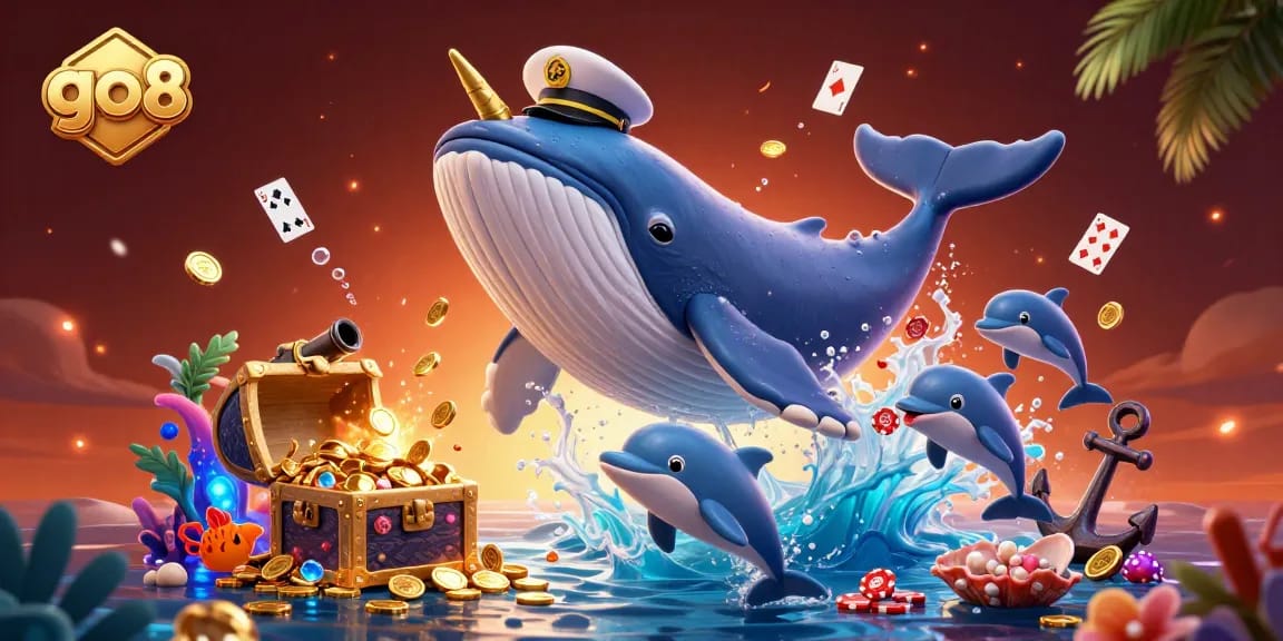 Experience thrilling gameplay at go8 with a cartoon whale, poker chips, and gold coins in an exciting underwater scene.