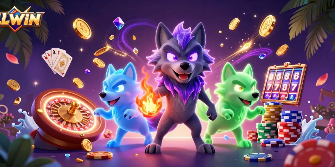 LL WIN showcases vibrant casino energy with glowing wolf leaders amidst rich gambling elements.