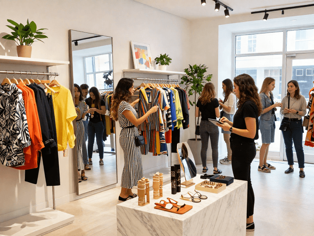 Shopper trying on trendy outfits in vibrant store setting featuring bro138 clothing line.