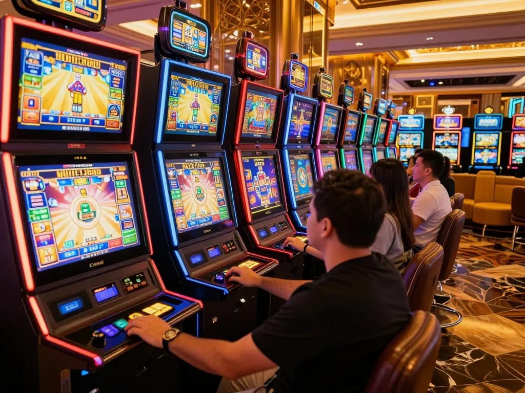 Players enjoying video slots in a luxury casino, experiencing the thrill of MPO ID gaming