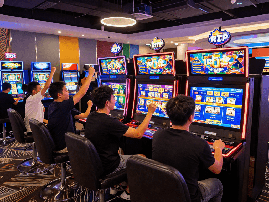 Players enjoying slot gacor machines in a vibrant online casino environment, celebrating wins.