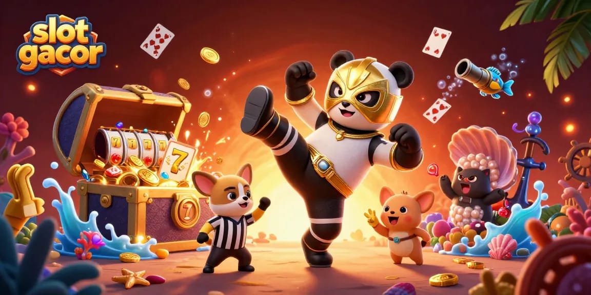 Nikmati slot gacor dengan panda pegulat dan penonton hewan ceria di latar belakang kasino yang megah.