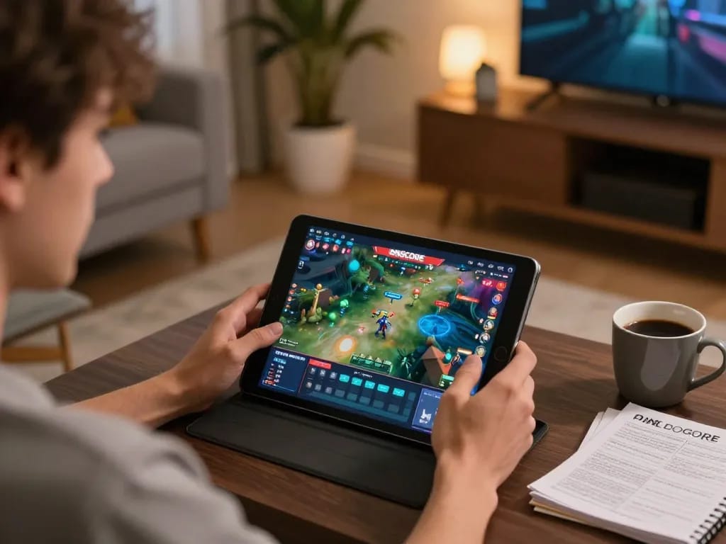 IDNSCORE player engaging in online gaming with interactive interface and strategy notes in cozy home