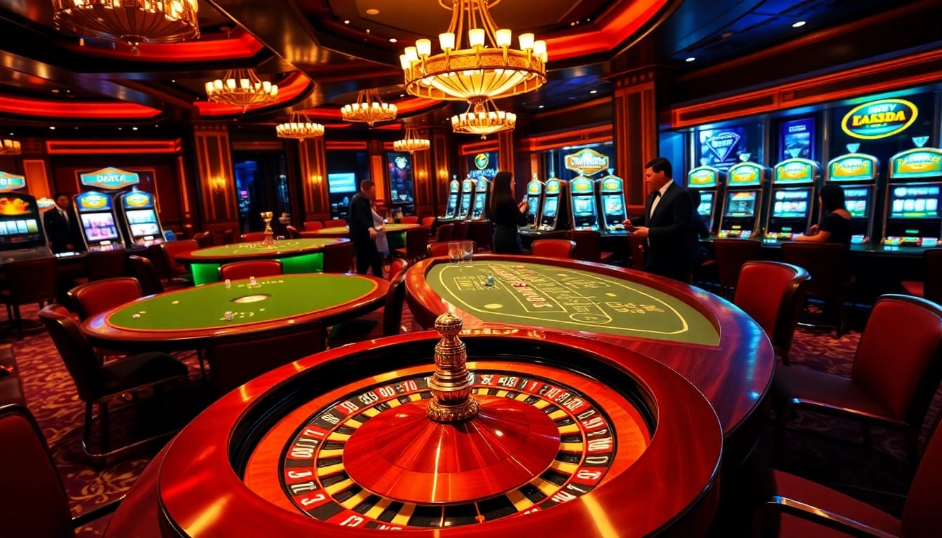 Exciting casino atmosphere at nhacaiuytinvl.com, featuring roulette and blackjack tables.