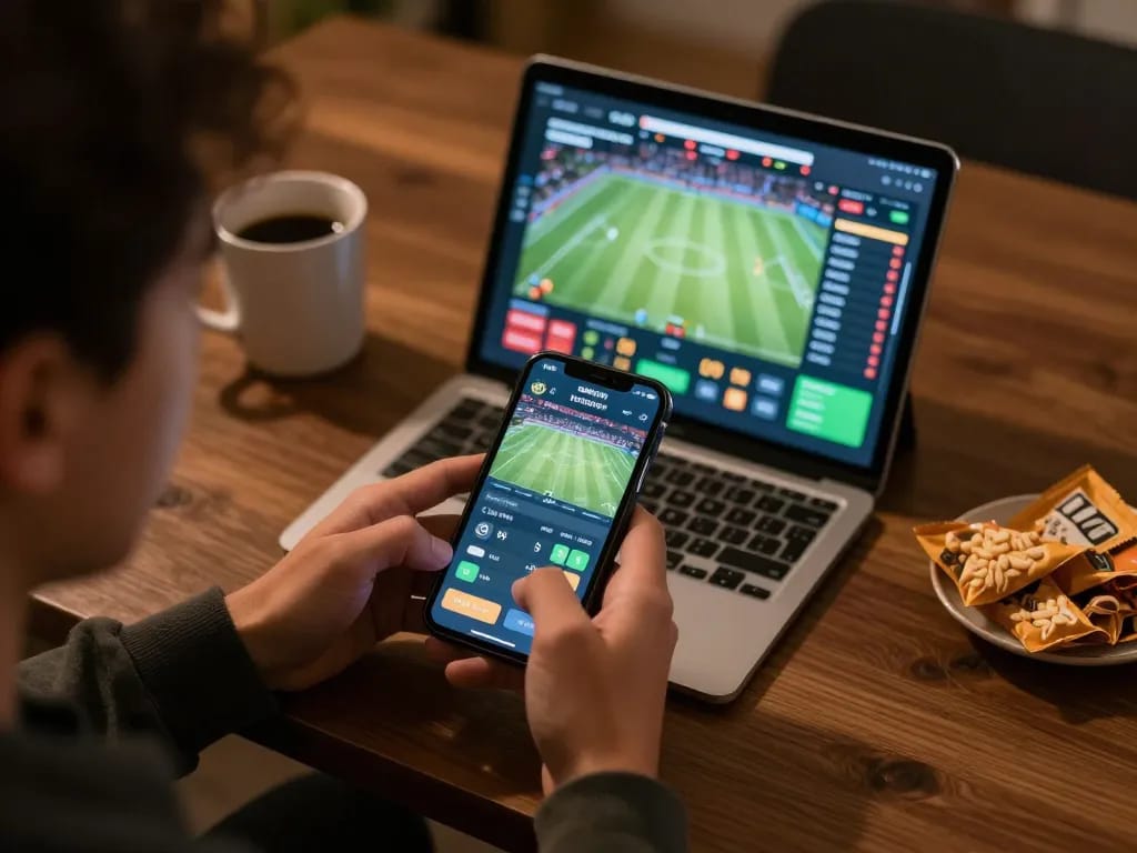 Engaging with the 78wind sports betting app, showcasing live game odds on a tablet and smartphone.