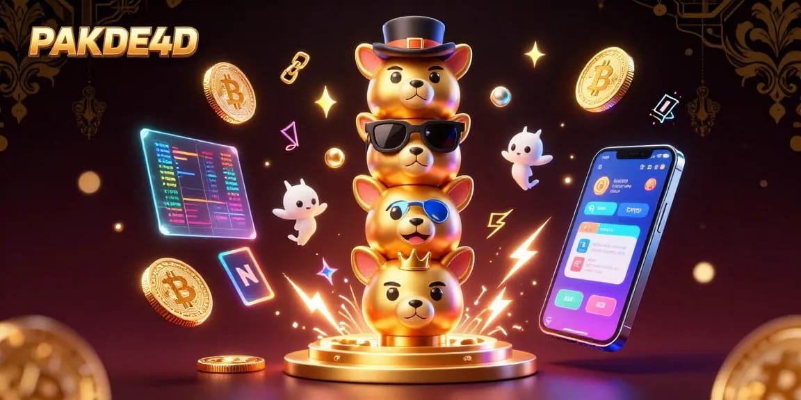 Engage with PAKDE4D through immersive 3D illustration showcasing vibrant casino elements and crypto themes.