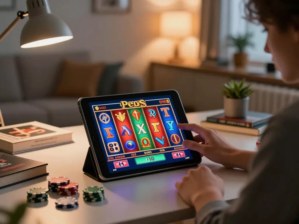 Play slot zeus on a tablet in a cozy home gaming setup with warm lighting and strategic elements.