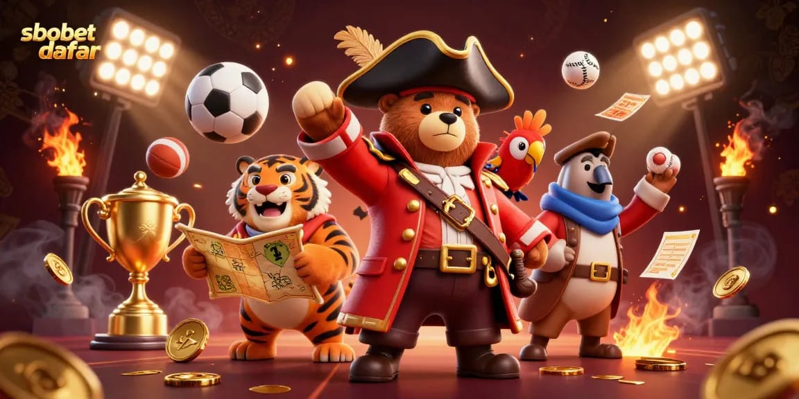 SBOBET daftar showcases a vibrant 3D illustration of a pirate bear with a tiger first mate and sports elements for online gambling.
