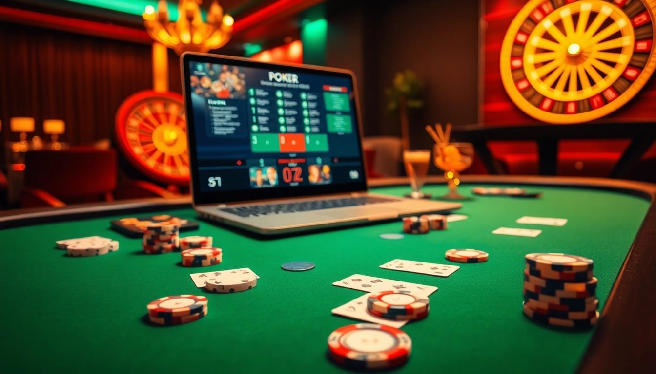 Play poker online in a vibrant casino setting with luxurious details and engaging visuals.