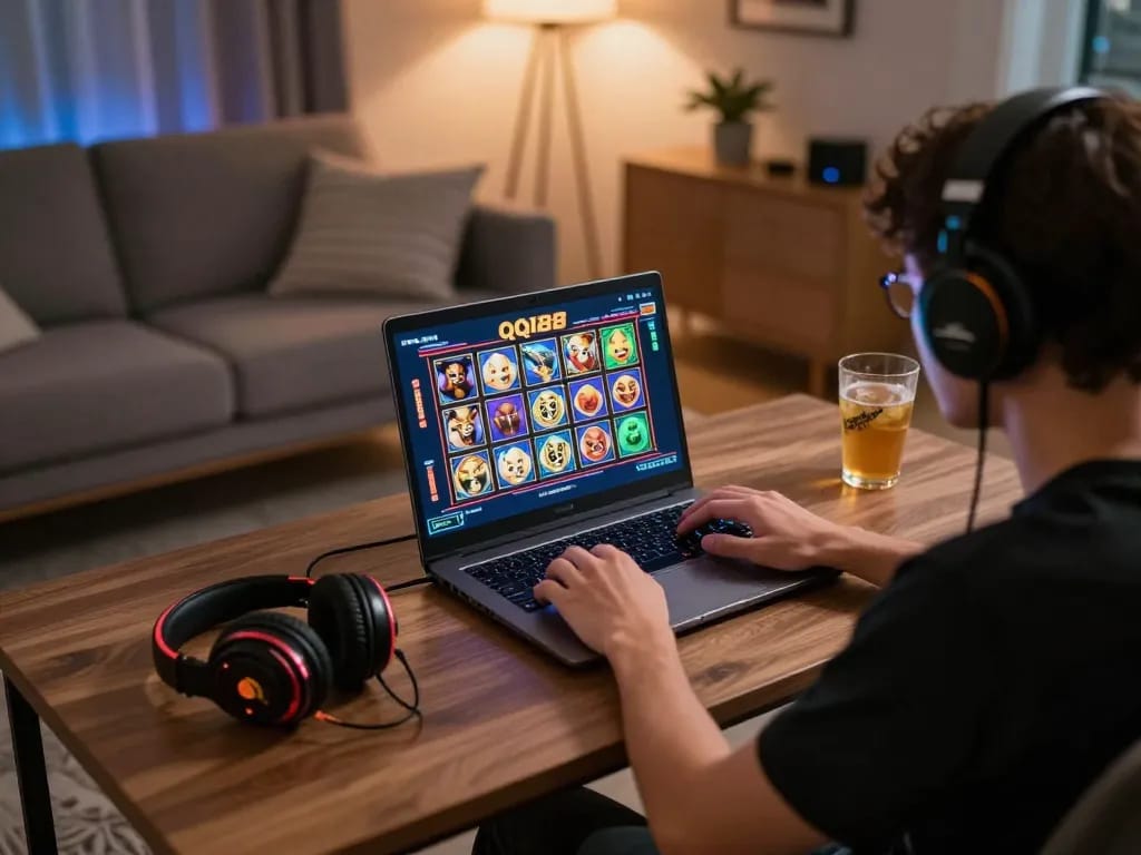 Permainan menarik di game Slot QQ188 dari pengaturan rumah yang nyaman, menampilkan pemain yang fokus pada kemenangan.