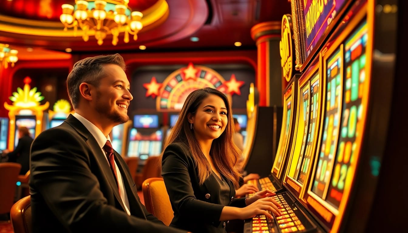 Players enjoying the thrill of slot gacor machines in a luxurious casino setting.
