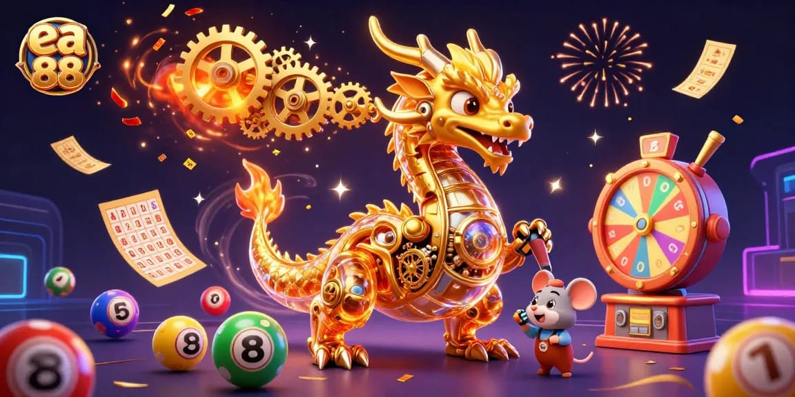 Win big with ea 88 as the golden dragon breathes gears and confetti at a vibrant casino.