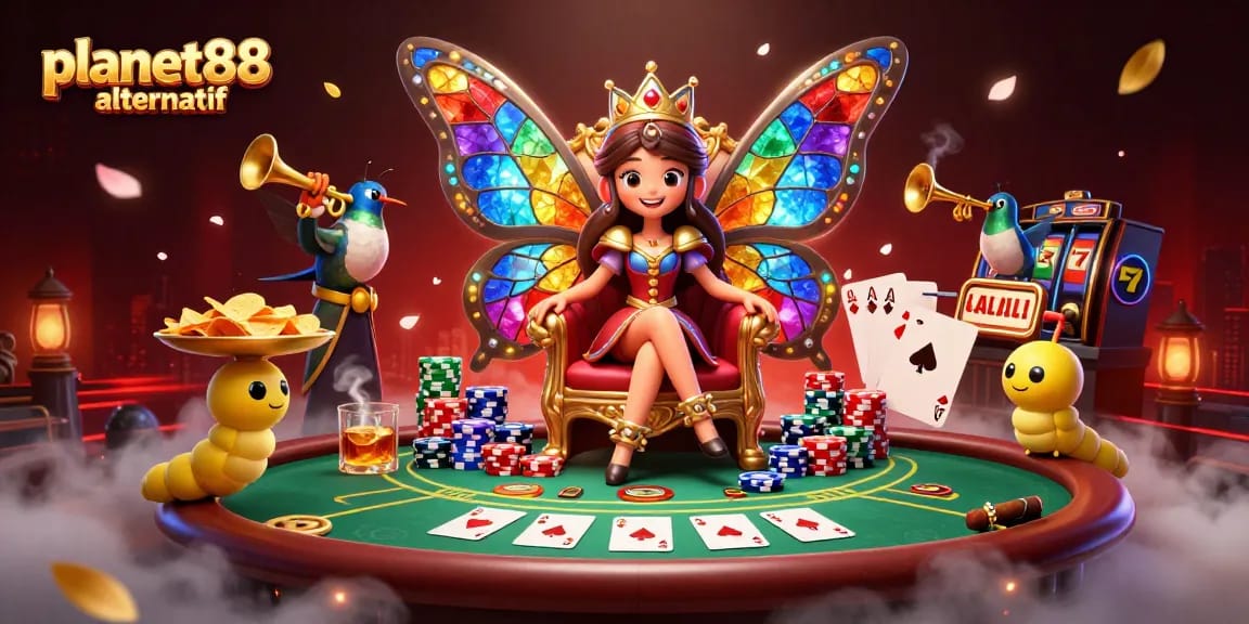 Join the fun at planet88 alternatif, where a vibrant butterfly queen oversees a bustling casino scene.