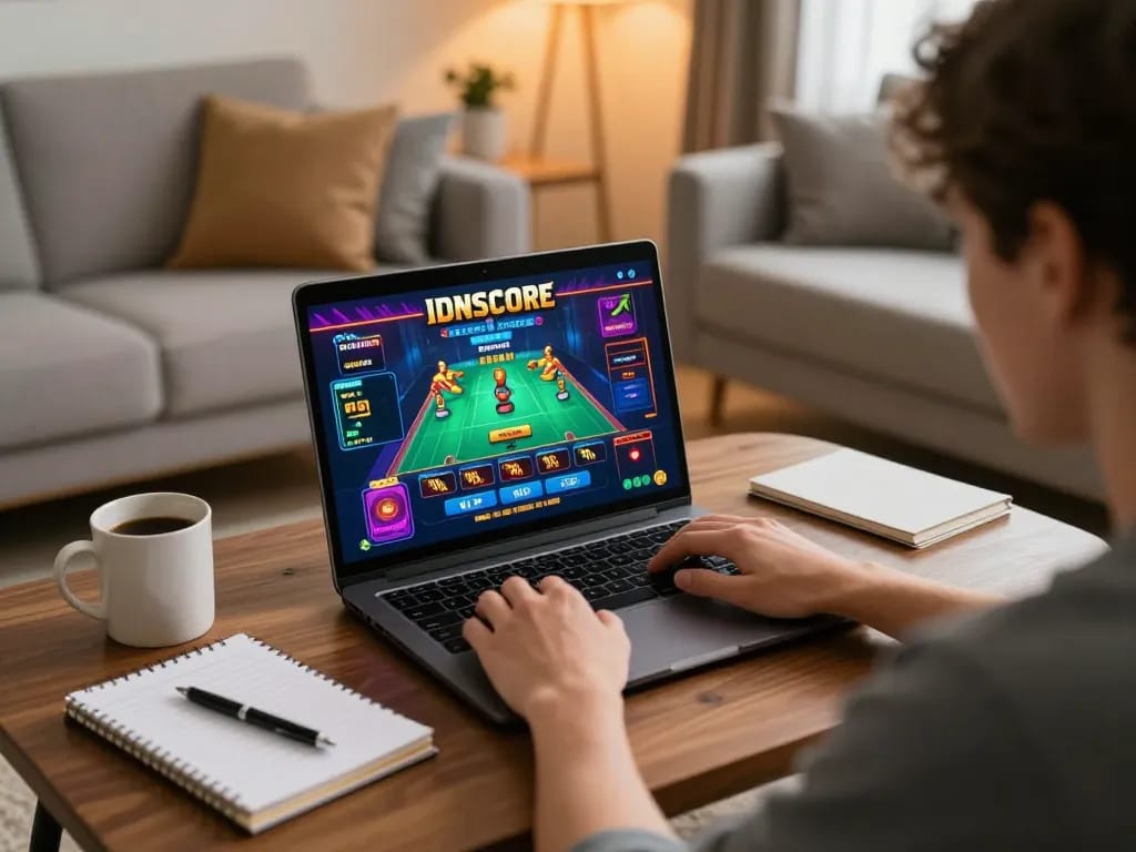 IDNSCORE player engaging in online gaming from home with strategic notes and cozy atmosphere