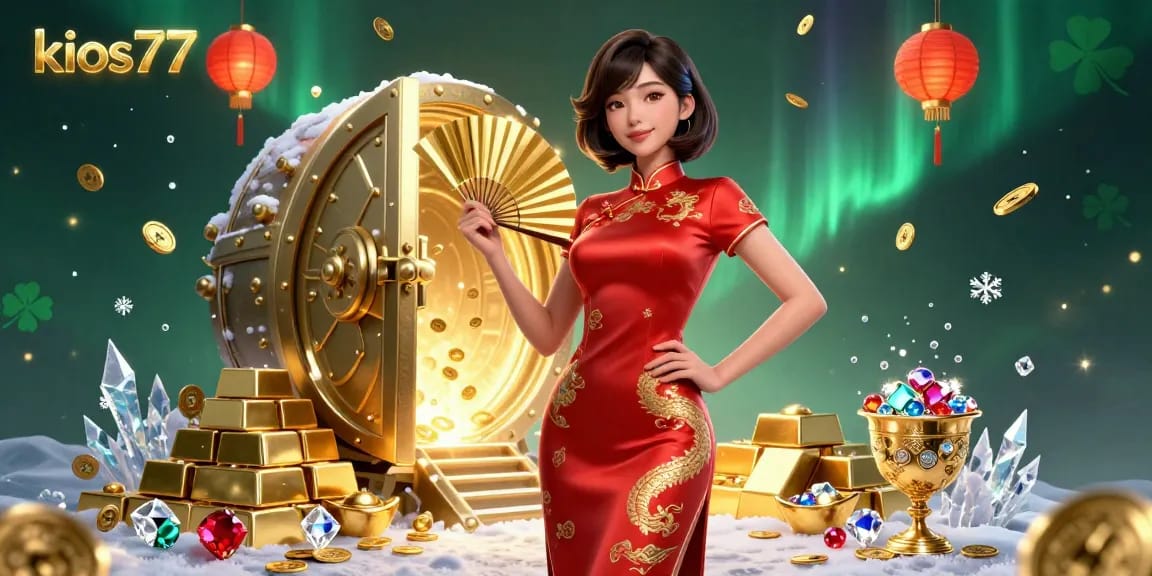 Kios77 showcases a radiant Asian woman in a vibrant qipao amidst a dazzling casino scene.