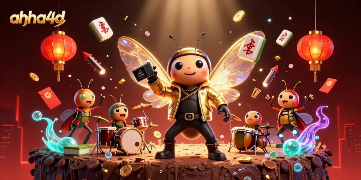 Engage with ahha4d's vibrant online casino scene featuring a rock star in a golden jacket, crickets, and rich decorations.