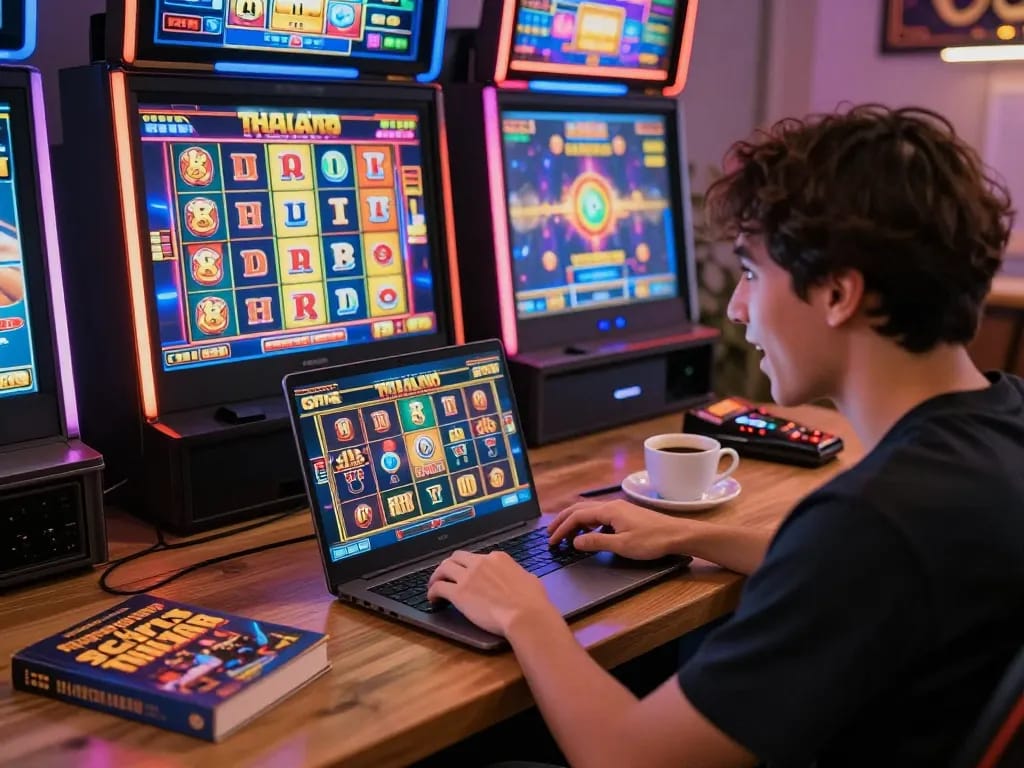 Engaging gameplay on slot Thailand with a player immersed in an online slot game, showcasing an exciting home gaming environment.