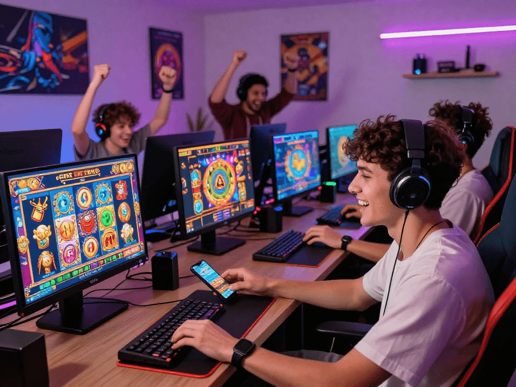 Gamers enjoying colorful slot games on a premium situs slot terbaru platform.