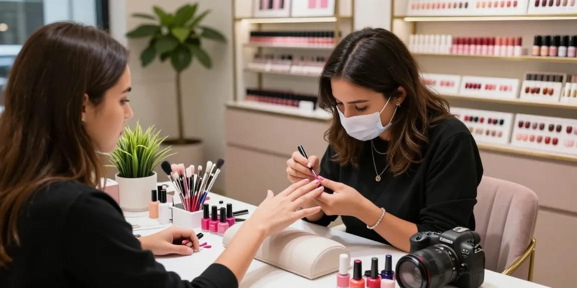 Demonstrasi penggunaan produk LUXURY 12 di salon kuku modern dengan nail art yang memukau.