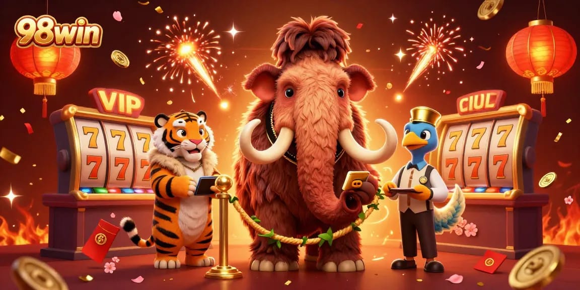 Experience thrilling gaming with 98win's vivid casino scene featuring vibrant characters and elements.