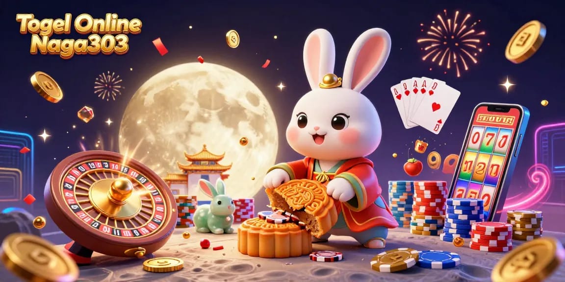 Togel Online Naga303 showcases a moon rabbit and jade companion amidst casino elements and fireworks.