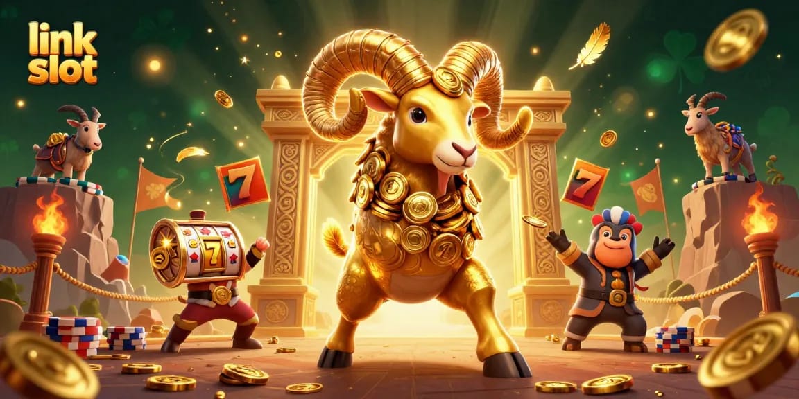 Menampilkan link slot untuk permainan slot gacor dengan karakter ram emas dan elemen judi lainnya.