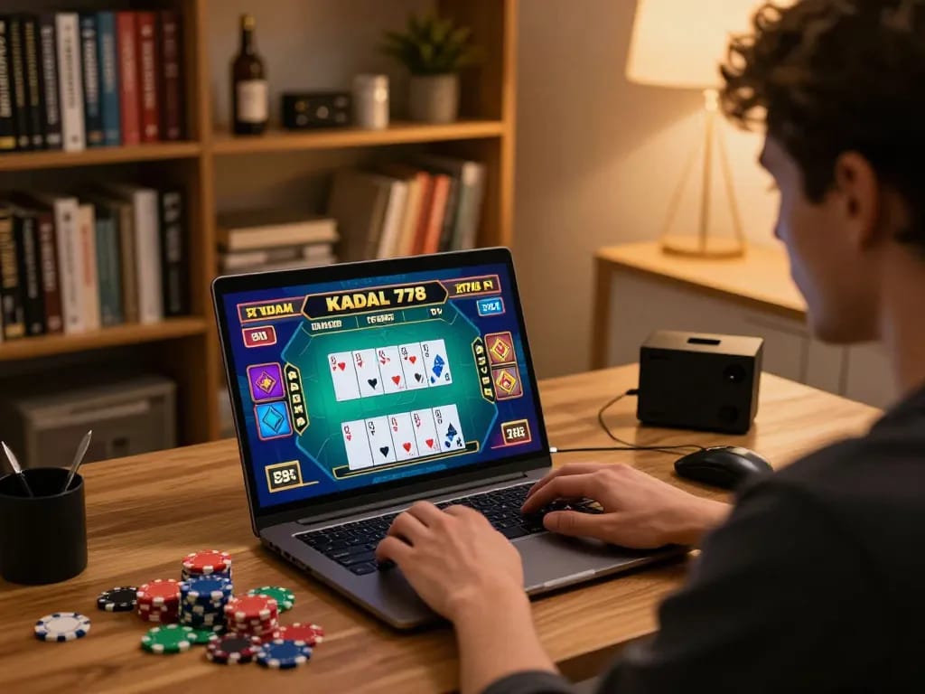 KADAL 778 online gaming session in cozy home office with vibrant graphics on laptop and strategic setup.