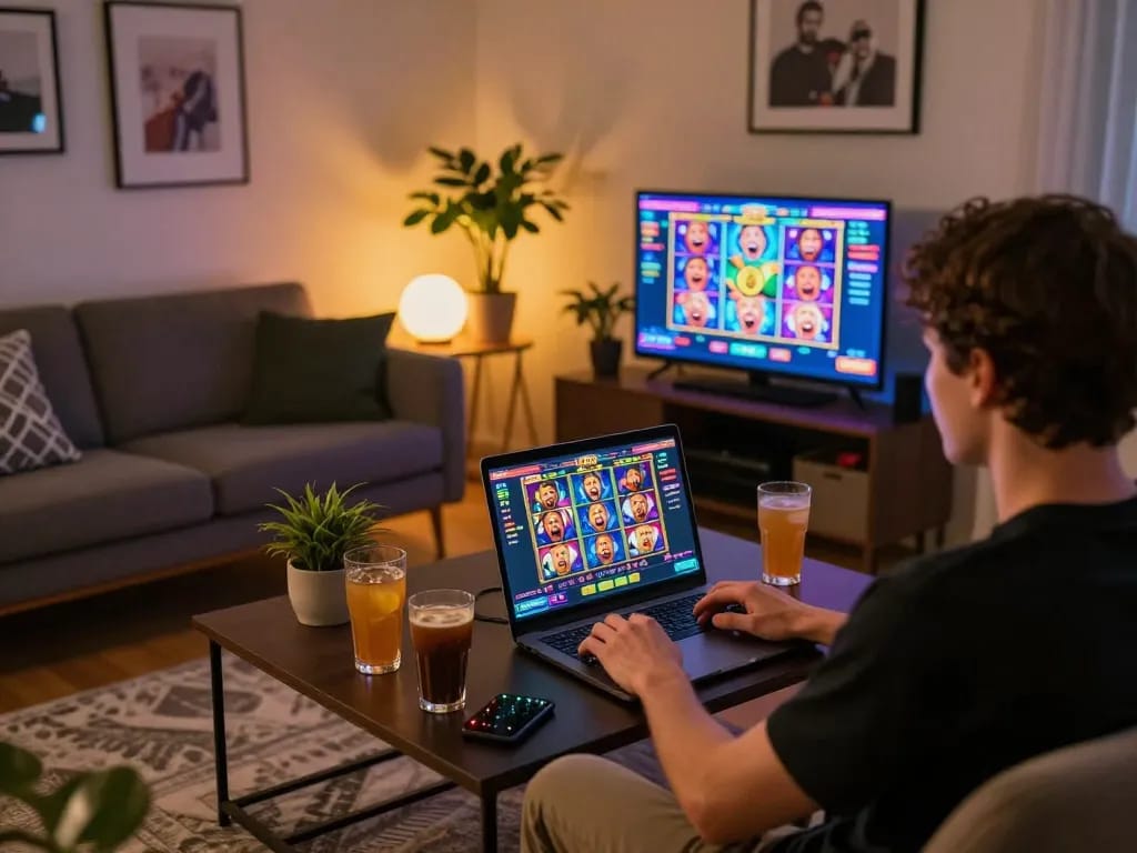 Engaged player enjoying LLWIN online casino slots at home, warm ambiance