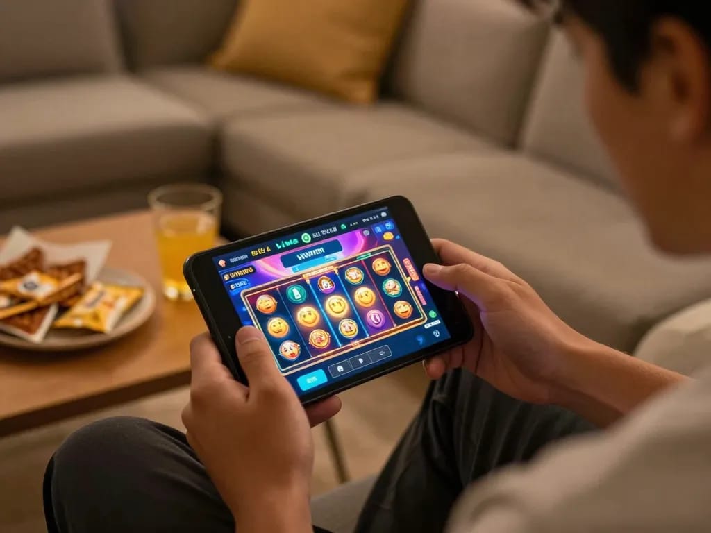Terlibat dalam link slot gacor sambil menikmati permainan kasino online di ponsel di rumah.