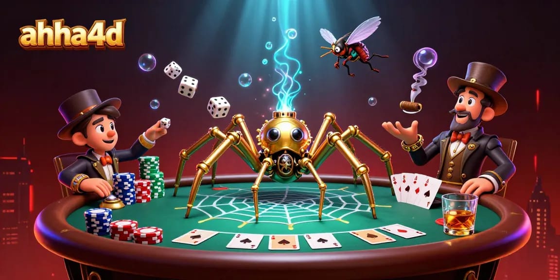 Enter the exciting world of ahha4d with a steampunk spider capturing dice and poker elements.
