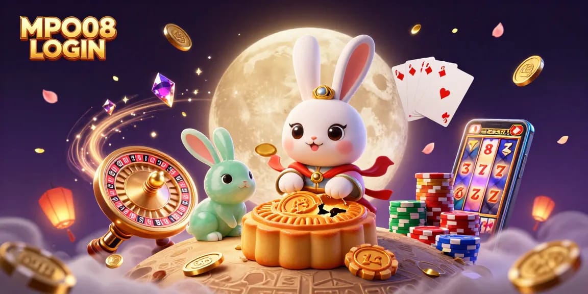 MPO08 LOGIN showcases a vibrant 3D illustration of a moon rabbit celebrating wins with poker chips.