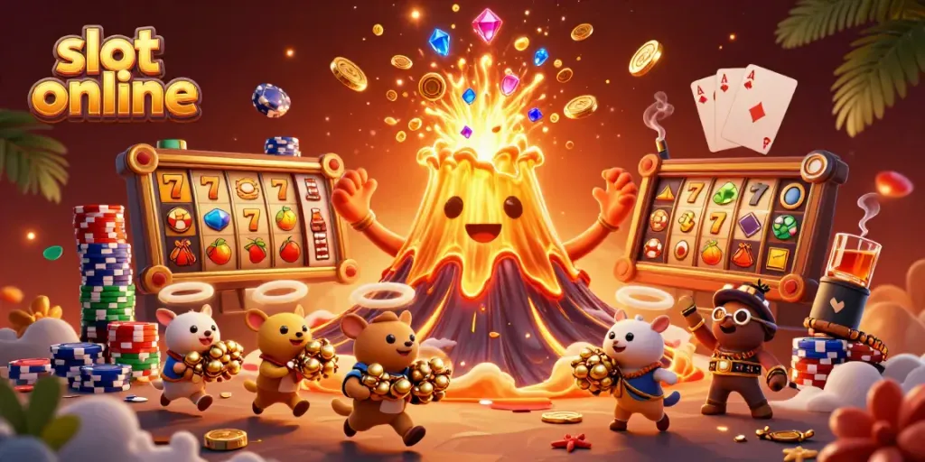 Menggairahkan putaran slot online di dunia kasino dengan karakter menarik, simbol keberuntungan, dan kesenangan bermain.