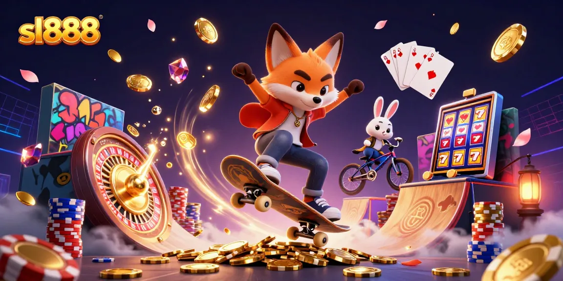 Experience the excitement of sl888 with vibrant characters and dazzling casino elements in a dynamic scene.