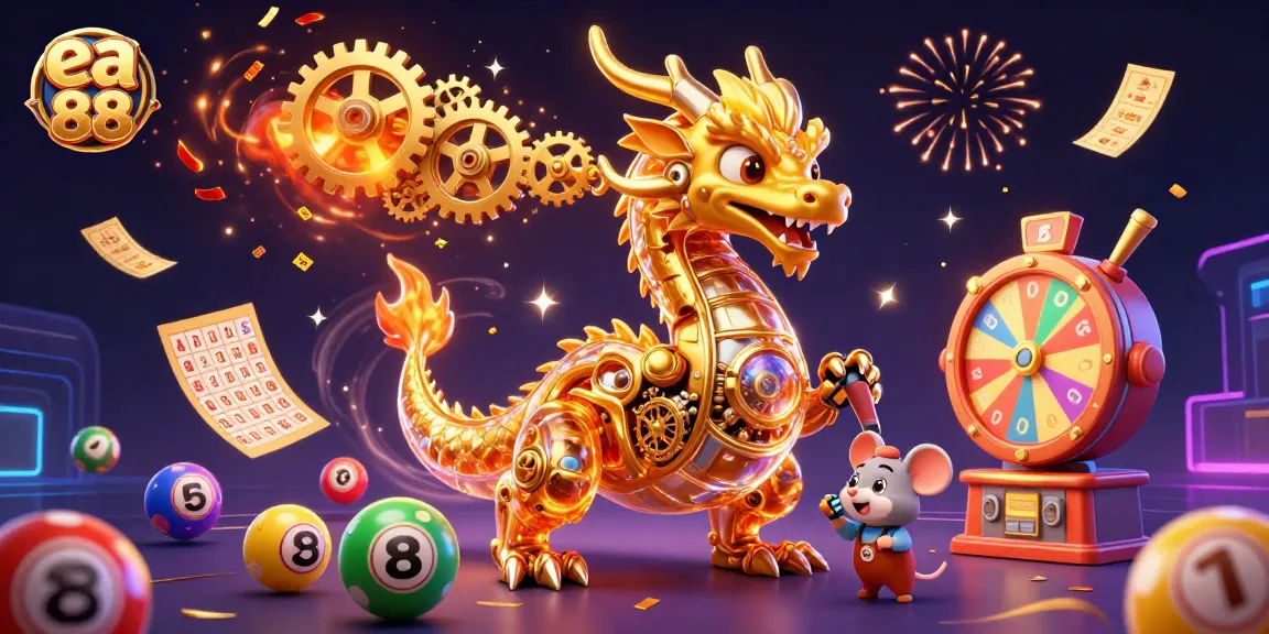 Win big with ea 88 as the golden dragon breathes gears and confetti at a vibrant casino.